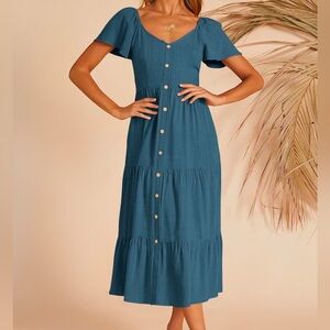 Sundress V-Neckline Short Sleeve with Pockets Solid Blue Midi Dress